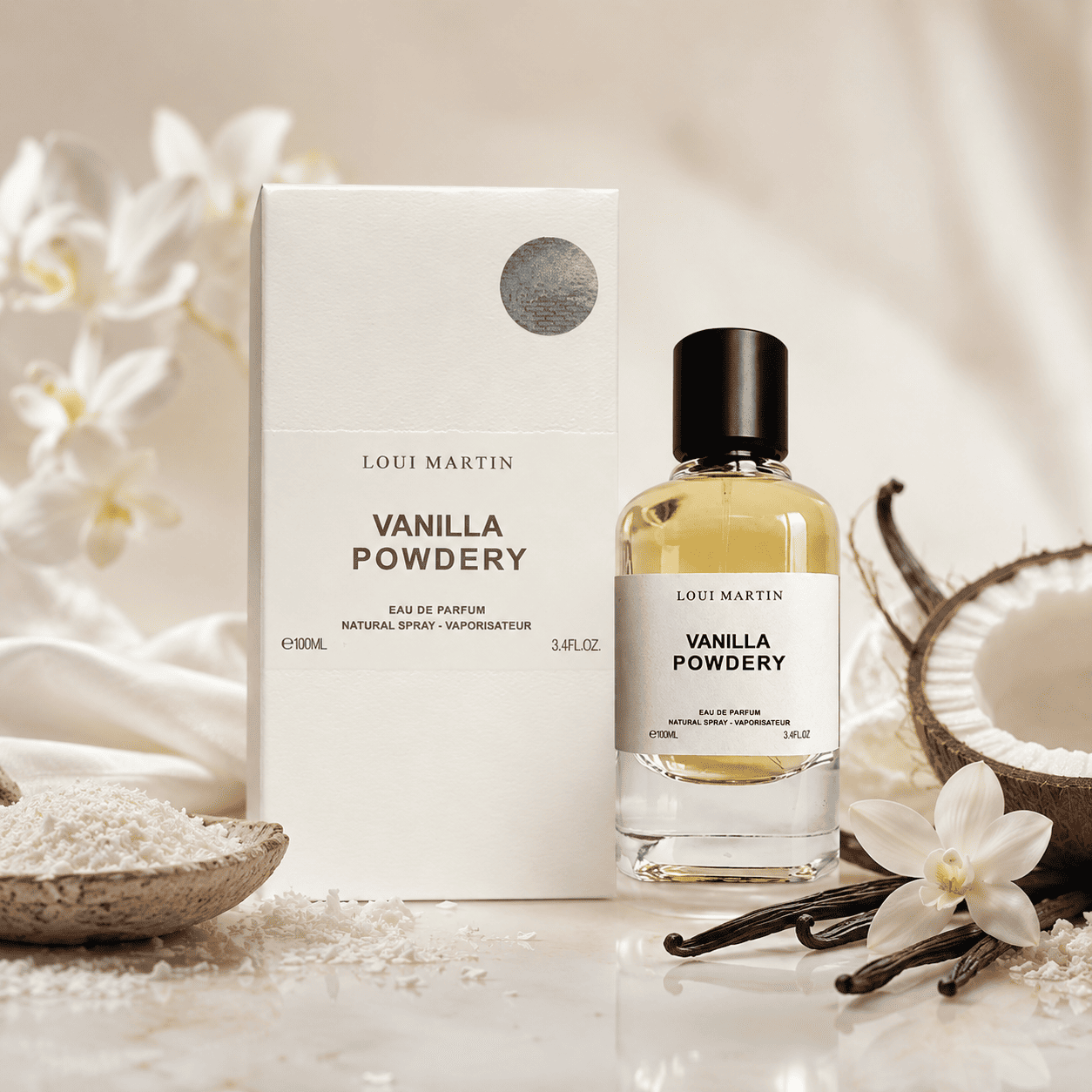 Coffret et flacon de parfum Vanilla Powdery Loui Martin, notes de vanille et noix de coco - Eau de Parfum 100ml