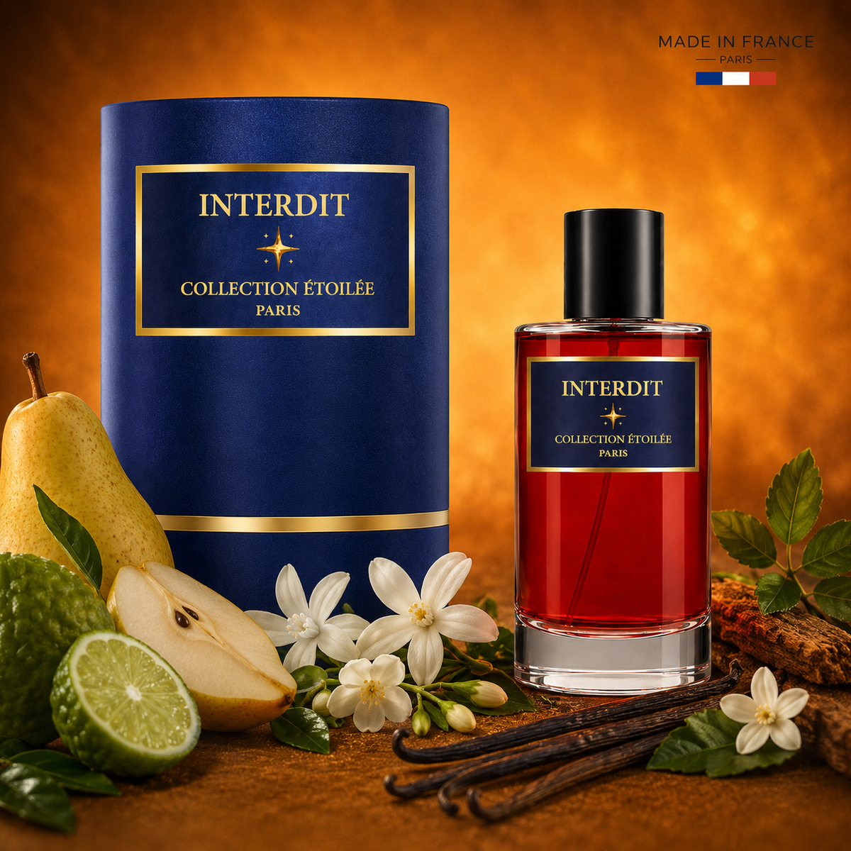 Flacon de parfum Interdit, fragrance florale fleur d'oranger et jasmin - Collection étoilée D'or et de Parfum