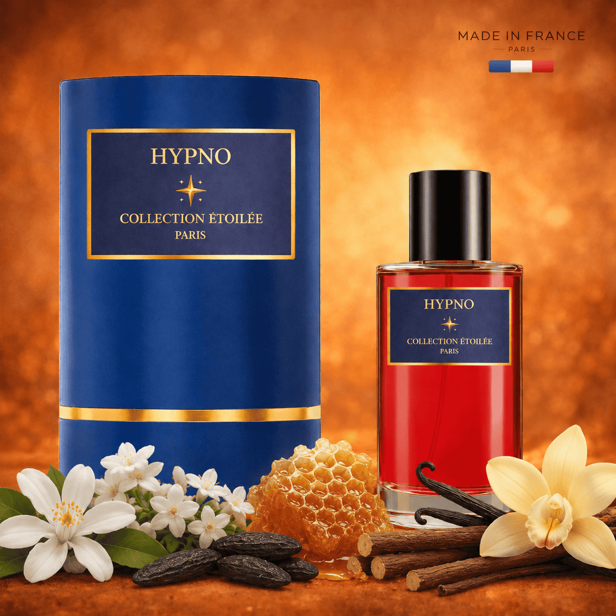 Flacon de parfum Hypno, fragrance gourmande florale vanille et jasmin - Collection étoilée D'or et de Parfum