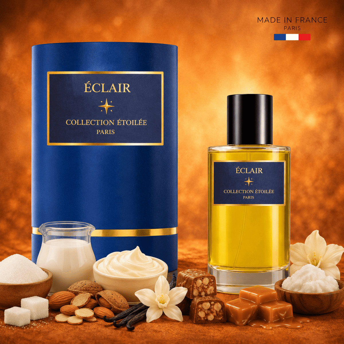 Flacon de parfum Éclair, fragrance gourmande pâtissière vanille et praline - Collection étoilée D'or et de Parfum