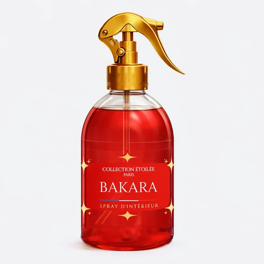 Spray d'intérieur rouge Bakara, Collection Étoilée Paris, parfum fruité épicé 250ml